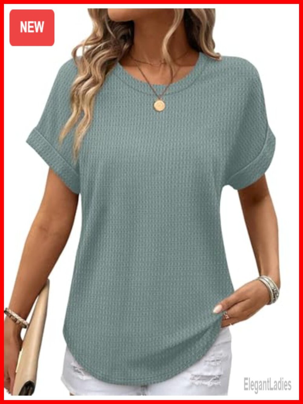 Waffle Knit Short Sleeve T-Shirt Loose Fit Curved Hem Tunic Top